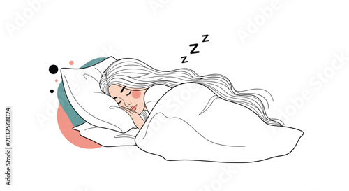 Woman with very long hair sleeping soundly in her bed under a white blanket, portraying a peaceful and comfortable rest.
