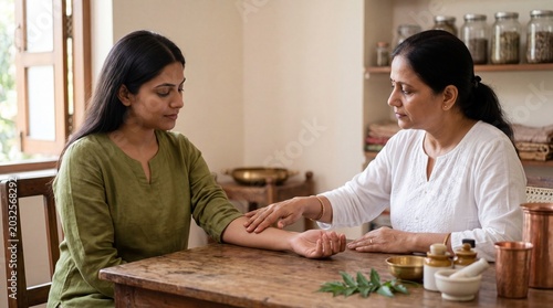 Ayurvedic practitioner examines patient's pulse in traditional consultation room