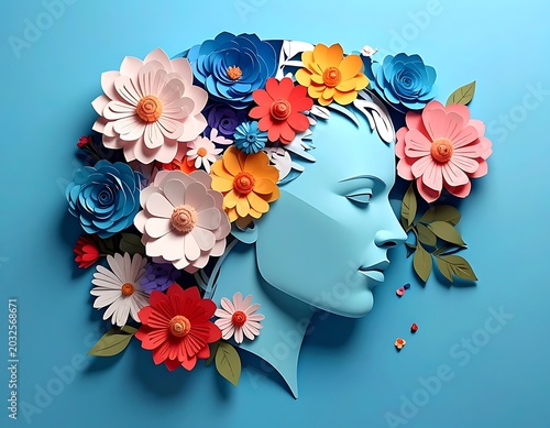 A blue human head adorned with colorful flowers