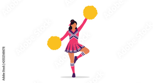 Enthusiastic cheerleader in a purple and pink uniform poses with yellow pom poms and one leg raised in a dynamic athletic stance.