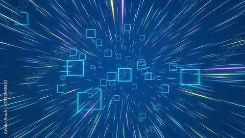Abstract digital background with glowing squares and light trails