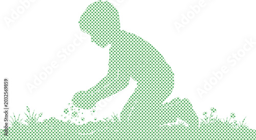 Foto Child planting seeds, a young boy kneeling in green grass, nurturing growth, a v