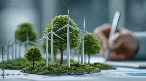 Miniature wind turbine model with trees on a city street in a scale model setting