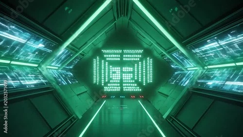 Futuristic green glowing tunnel with abstract light patterns and digital data