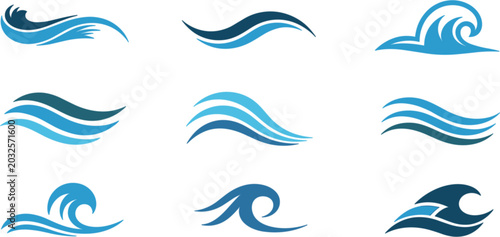 Ocean wave icon collection vector illustration, abstract sea water symbols set, nautical and marine motion isolated background