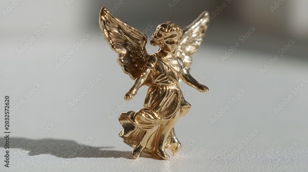 Fototapeta premium Golden Angel Figurine with Spread Wings on White Reflective Surface