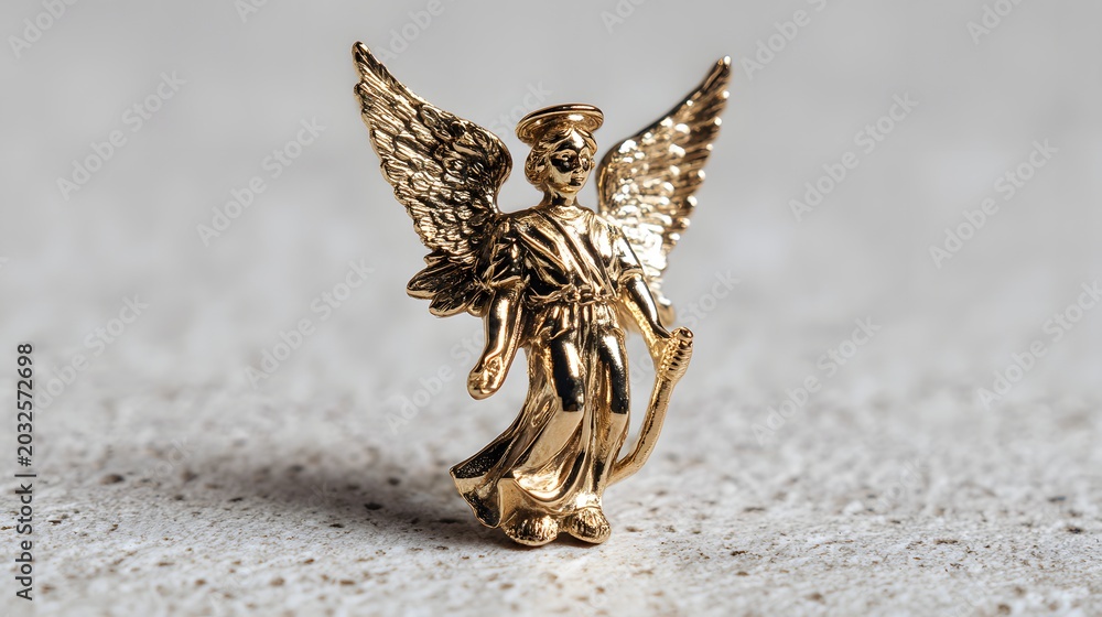 Fototapeta premium Golden Angel Figurine with Spread Wings on White Reflective Surface
