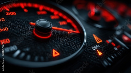 Close-up of car speedometer with illuminated red and orange gauges in a dark vehicle interior