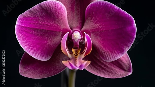 Closeup of a beautiful blooming purple orchid flower on a dark background.
