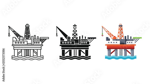 Foto Oil rig platform vector illustration set in line art silhouette and flat style
