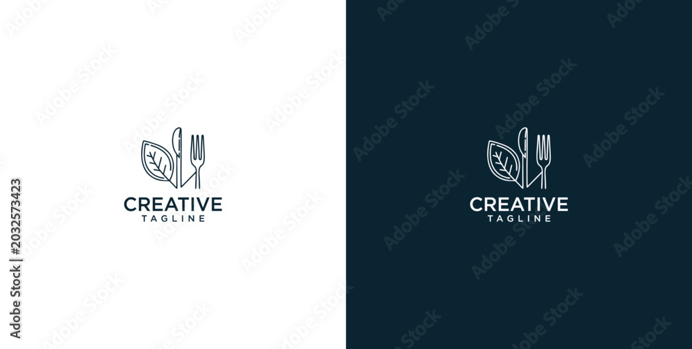 Fototapeta premium Elegant Minimalist Line Art Logo Featuring Cutlery and Leaves, Perfect for Food and Beverage Brands