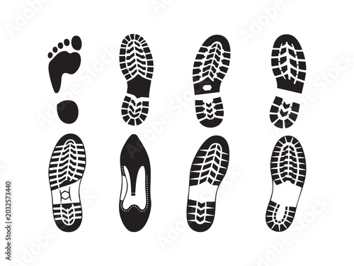Prints on white. Footprint and shoes prints vector set
