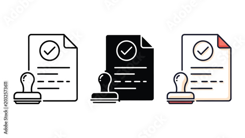 Approved document with rubber stamp vector illustration set