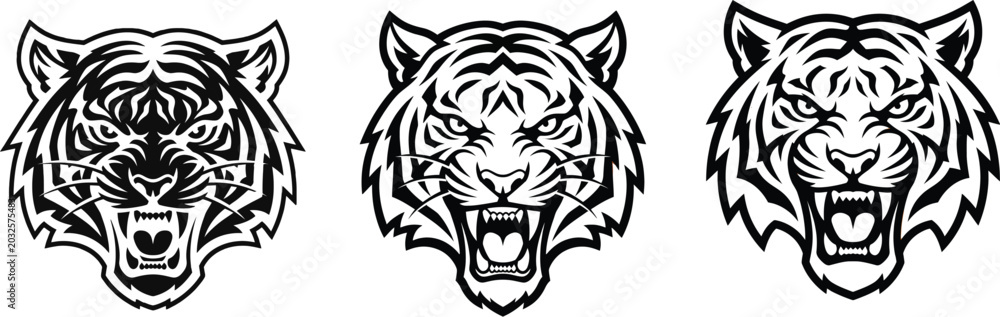 Fototapeta premium Tiger head icons, black and white vector illustrations, roaring animal faces, set of 3