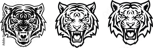 Tableau sur toile Tiger head icons, black and white vector illustrations, roaring animal faces, se