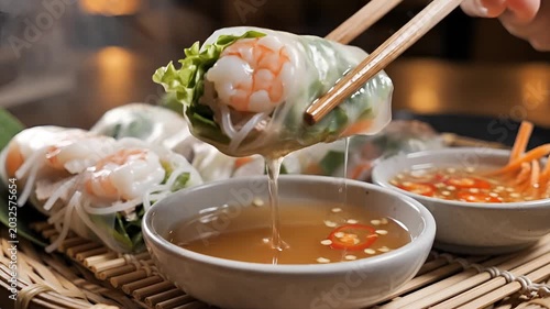 Delicious Vietnamese Spring Rolls Being Dipped in Sauce with Chopsticks.