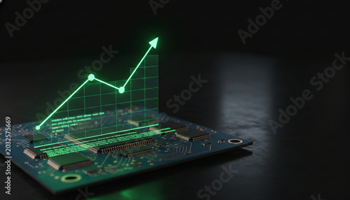 A digital graph showing upward growth superimposed on a circuit board, symbolizing technological advancement, innovation, and financial success