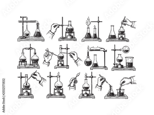 Retro chemical experiments. Vintage science laboratory beakers and burners, old sketch hands of chemist in handdrawn style, vector illustration