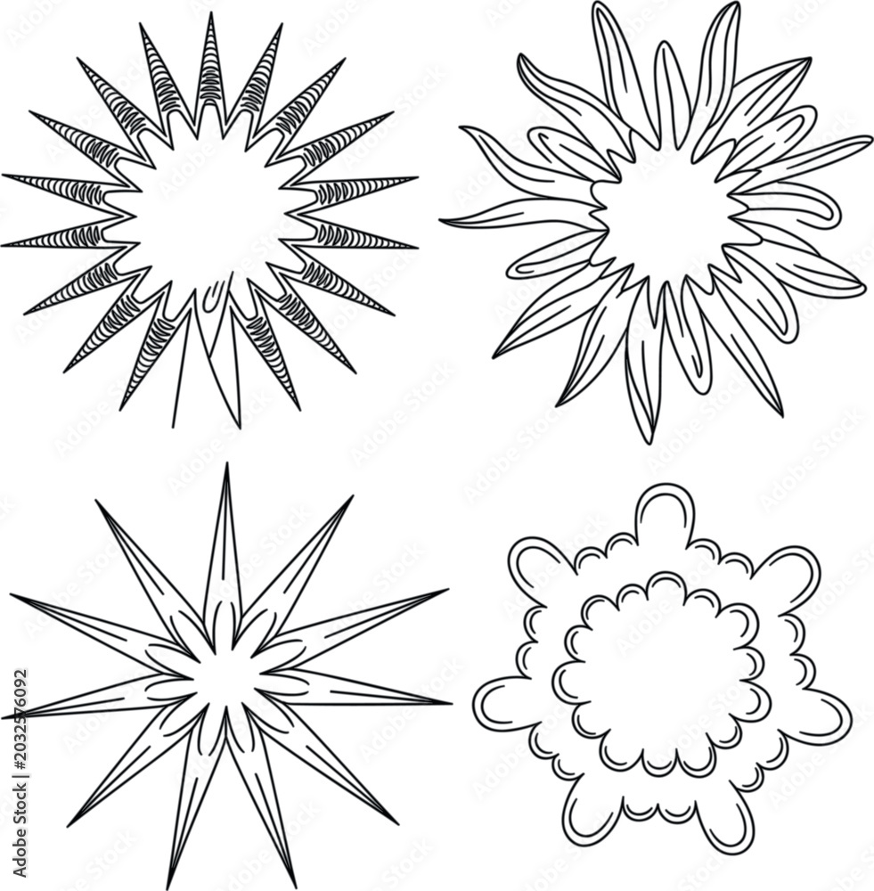 Obraz premium Decorative starburst illustration vector design, hand-drawn radial shapes, abstract highlight and accent elements isolated background