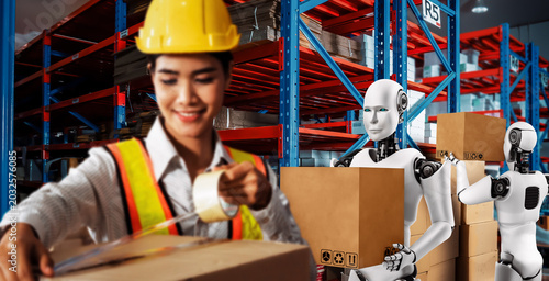 Quadro su tela Innovative industry robot working in warehouse together with human worker