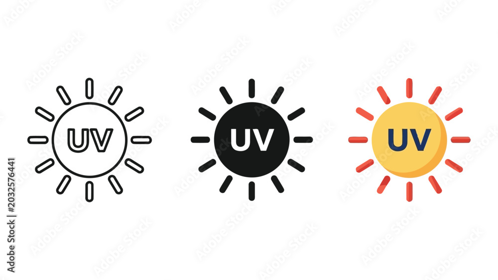Fototapeta premium UV protection sun icons set in line solid and flat vector styles