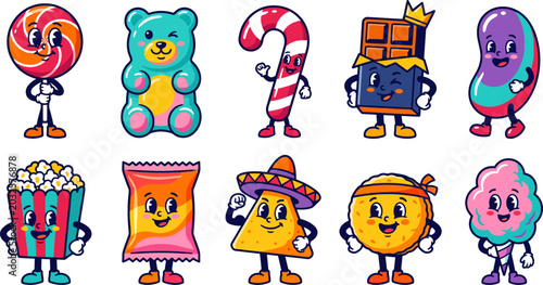 Cartoon candy and snack characters with smiling faces and colorful designs on white background