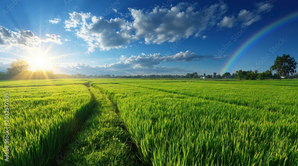 Fototapeta premium Vibrant green meadow with sunburst, rainbow, and dramatic clouds, evoking hope and natural beauty