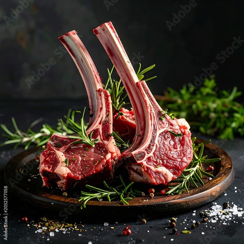 Fresh raw lamb chops on a wooden plate with herbs