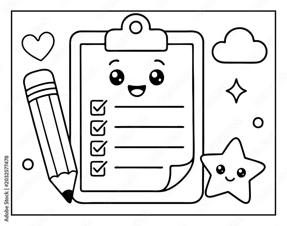 Fototapeta premium Coloring page featuring a cute cartoon clipboard with a pencil for kids to draw and paint