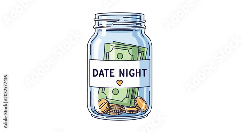 Glass jar with label and coins on transparent background
