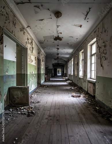 Abandoned hospital hallway with peeling walls and debris