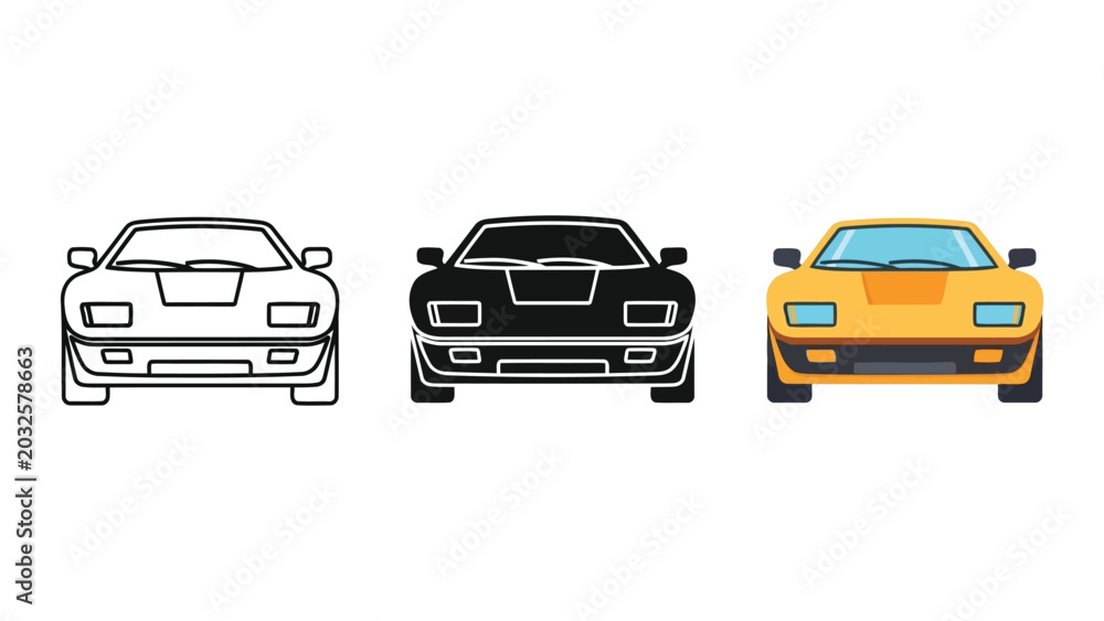 Obraz premium Sports car front view set in line art silhouette and flat vector illustration styles