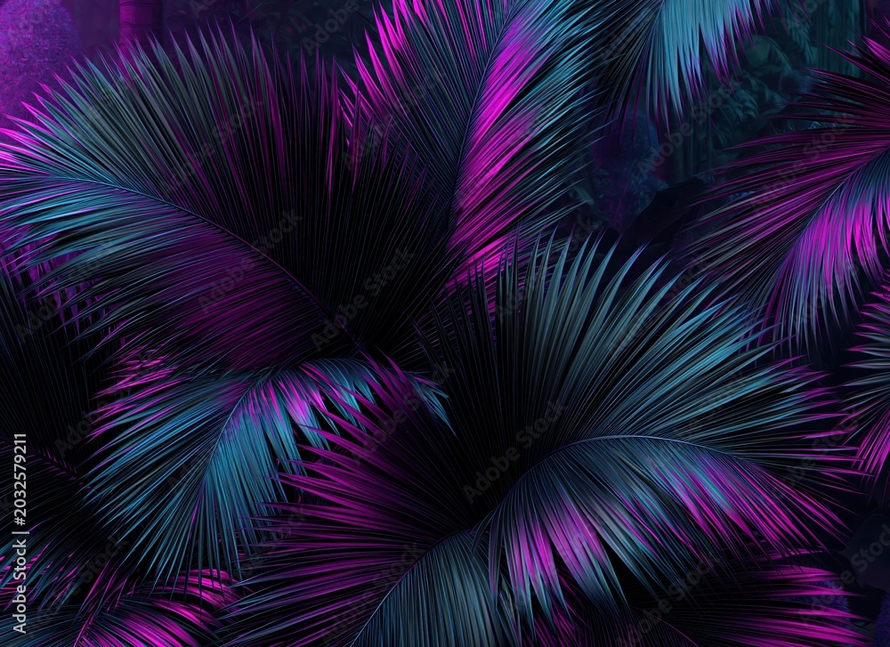 Obraz premium Vibrant Neon Tropical Palm Leaves in Moody Dark Cyan and Magenta Lighting