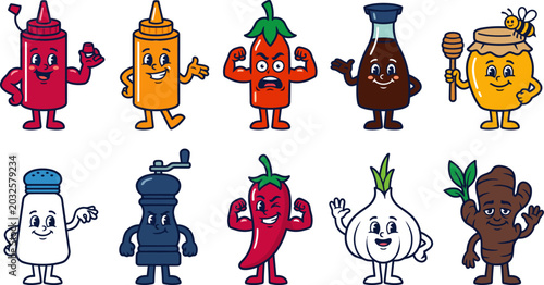 Tableau sur toile Cartoon ketchup mustard hot sauce honey pepper salt mill onion character illustr
