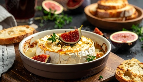 Baked cheese dish with figs and bread