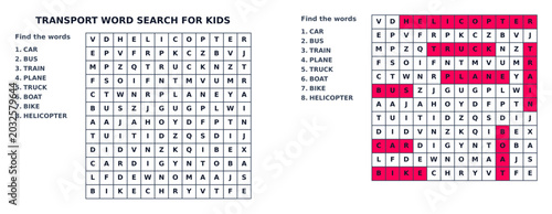 Vászonkép Transport word search game for kids printable education worksheet