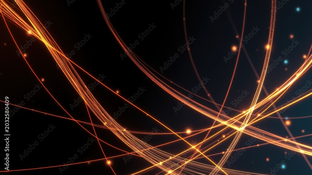 Obraz premium Abstract lines, glowing orange streaks, dark background. Bright particles create dynamic visual effect. Modern digital art.