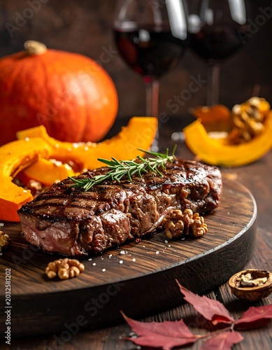 Grilled steak on wooden plate with pumpkin and wine