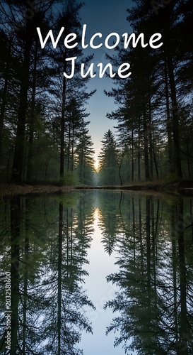 Welcome June text overlay on serene forest lake reflection at sunrise