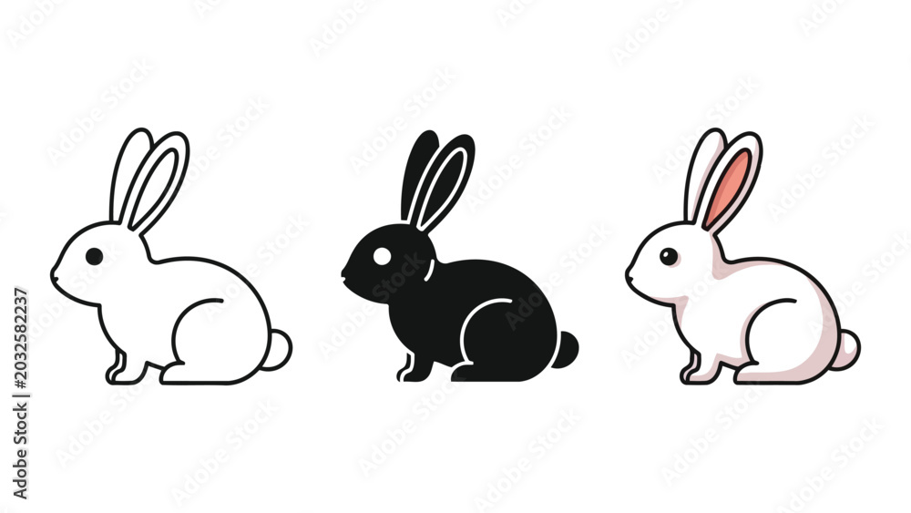 Obraz premium Three stylized rabbits in outline, silhouette, and color vector illustration