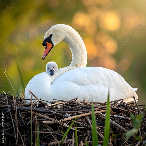 Mother swan and cygnets in nest.