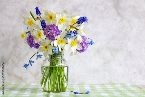 A spring bouquet of garden flowers in a glass jar: daffodils, primroses and mouse hyacinths. Gardening.