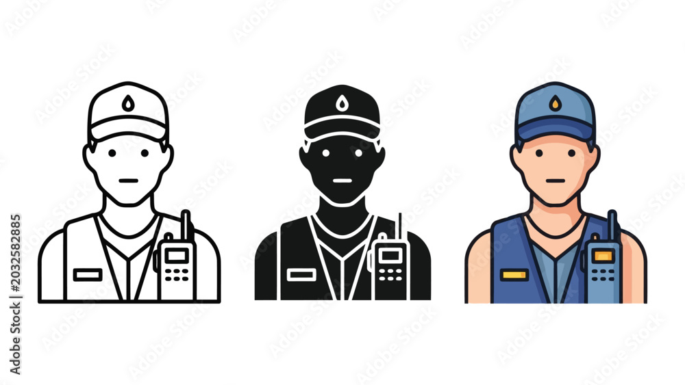 Fototapeta premium Security guard avatar set in line art silhouette and flat color vector illustration