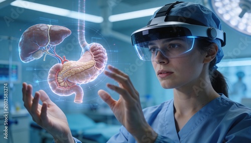 Surgeon Using Virtual Reality Headset with Holographic Human Organ Anatomy for Advanced Medical Training and Healthcare Technology