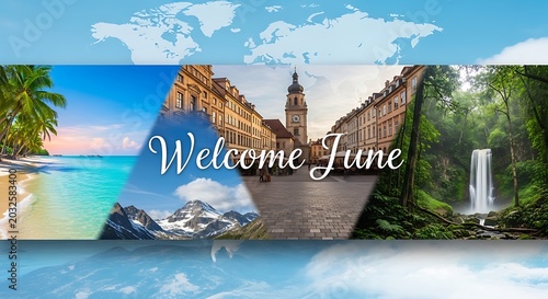 Welcome June: Collage of Tropical Beach, European City, Snowy Mountains, and Waterfall