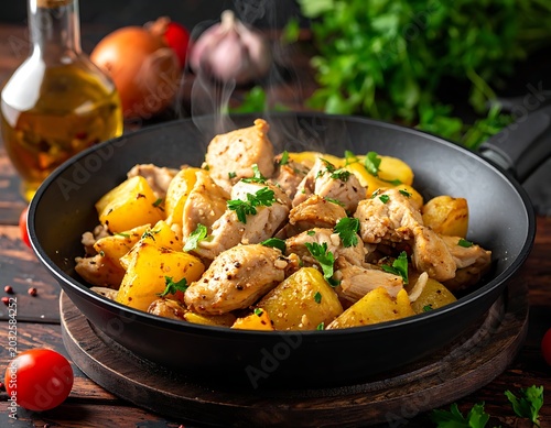 Steaming skillet of chicken and potatoes with herbs