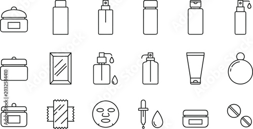 Fotografie Cosmetic container line icon set with skincare bottles, cream jars, pump and spr