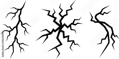 Fotografie Cracked lightning fracture illustrations set, jagged electric bolts and ground c