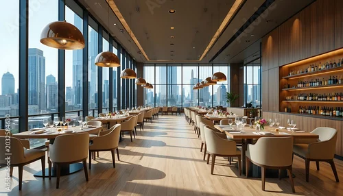 Obraz Luxury Modern Restaurant Interior with Large Window Overlooking City Skyline View Wooden Floor Dining Tables set with Wine Glasses Elegant Lighting and Bar Counter Area