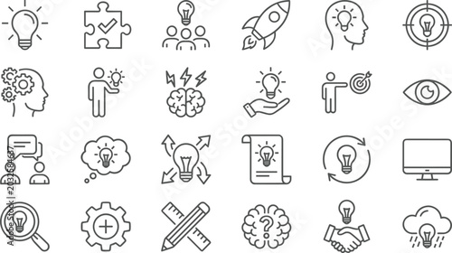 Creative idea and innovation icons set, brainstorming, startup, solution, inspiration, strategy and thinking concepts, line vector illustration